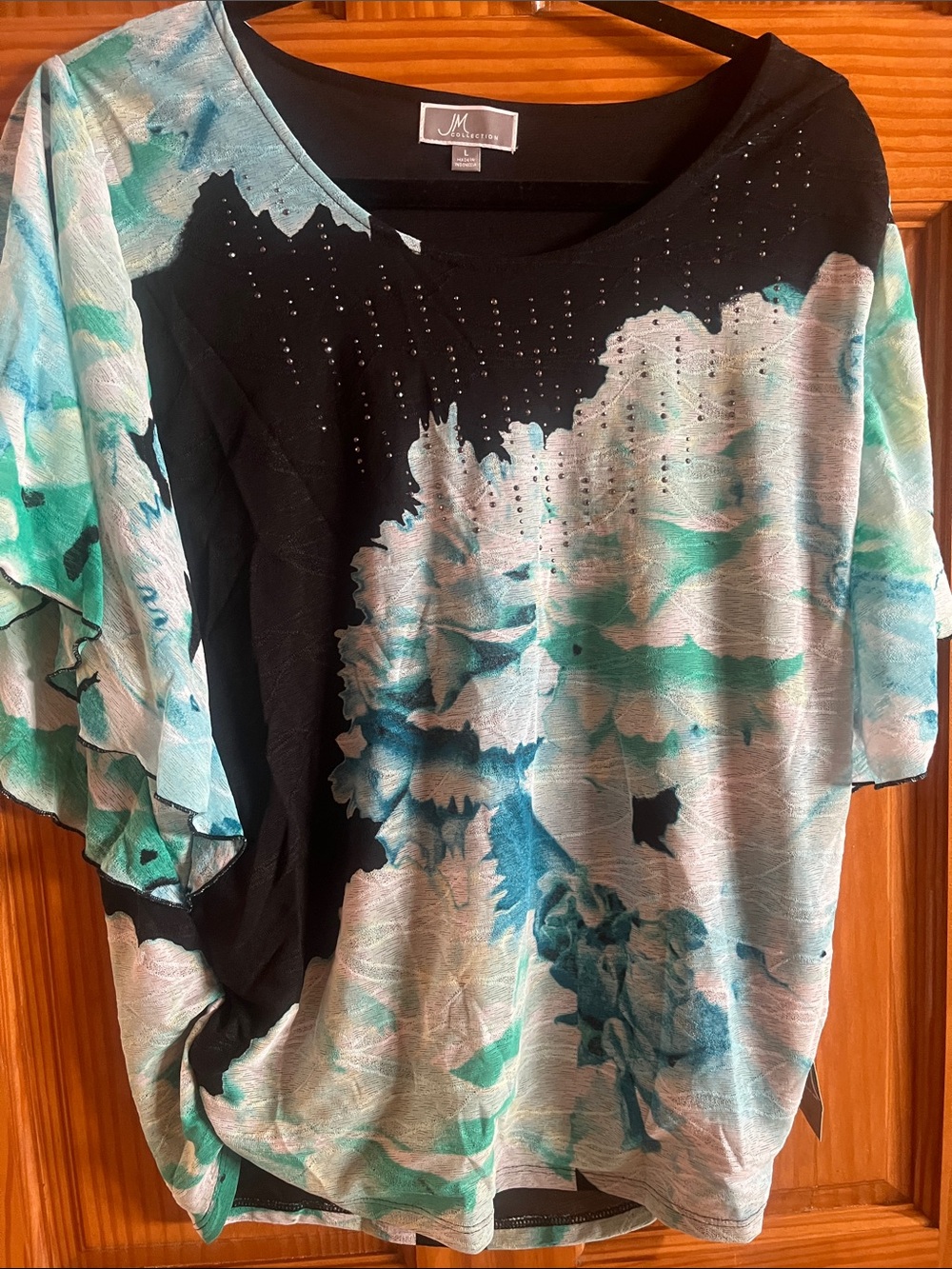 JM Collection Black Top with Teal and Aqua Watercolor Print and Rhinestones